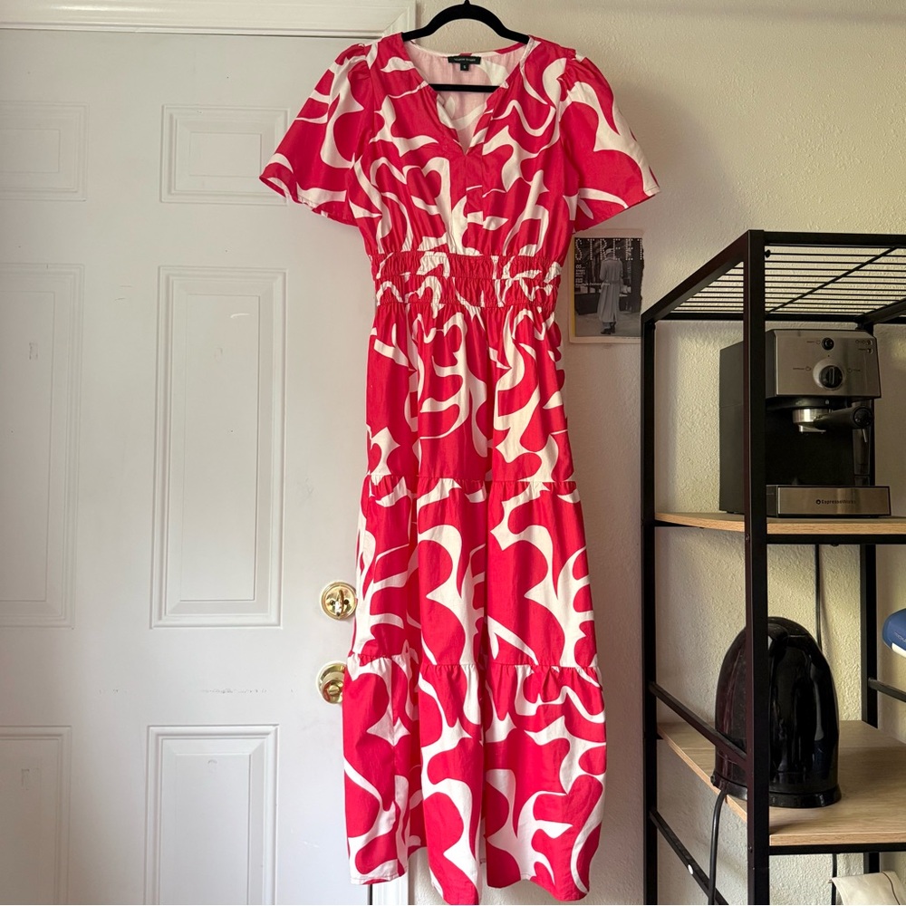 MEADOW RHODES red white‎ abstract floral tropical tiered short sleeve midi dress